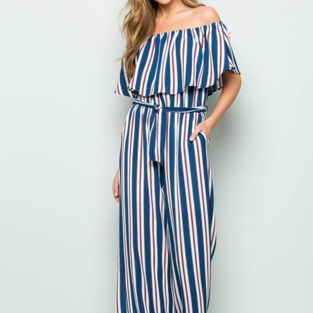 NWT Navy & White Stripe Off-Shoulder Jumpsuit